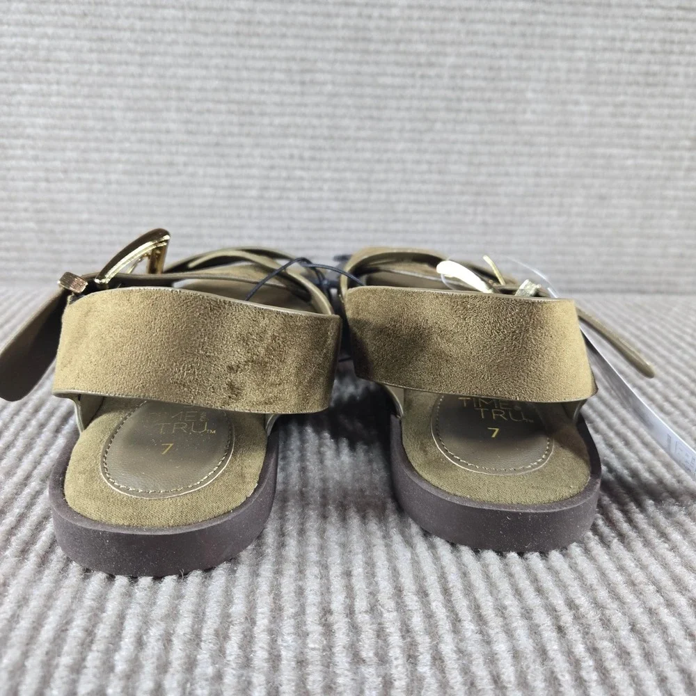 Time and Tru Women Size 7‎ Black Olive Green X Band Buckle Memory Foam Sandals